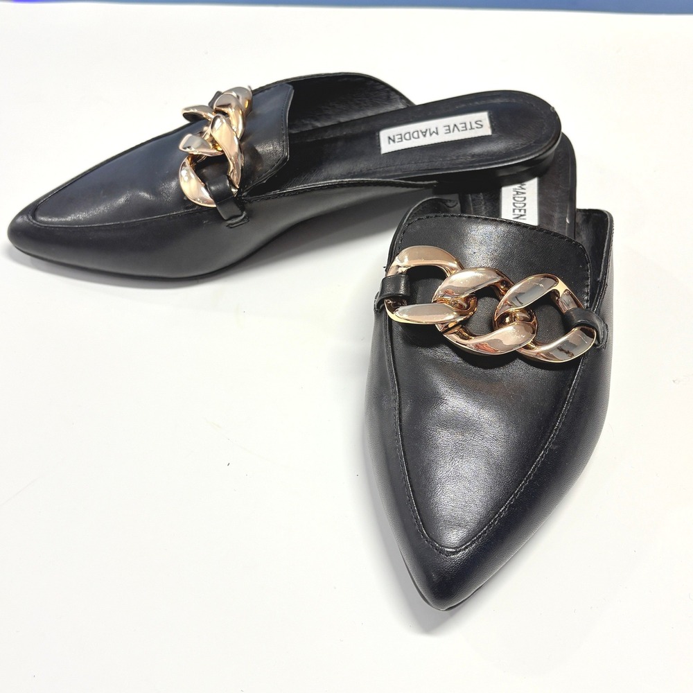 Steve Madden Leather Mule Loafers 7.5 Gold Chain Equestrian Classic Old Money